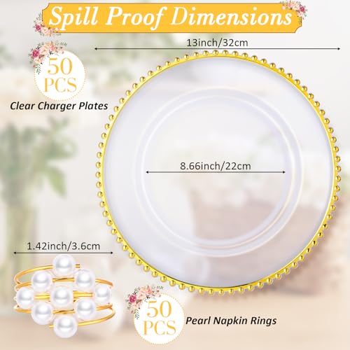 50-Set-100-Pcs-Clear-Charger-Plates-Bulk-and-Napkin-Rings-13-Plastic-Round-Dinner-Chargers-Serving-Plates-with-Beaded-Rim-Clear-Table-Decorative-Plates-for-Party-Wedding-EventGold