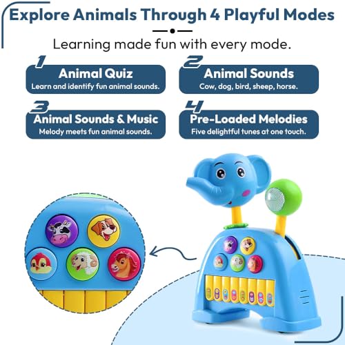 Image of Uonibaby by StarAndDaisy Musical Animal Toy for Baby, Infant & Toddler , 3-in-1 Kids Learning Toy with Piano Keys / Toys, Animal Sounds, Rotating Head, Lights & Pull-Along Wheels -Elephant