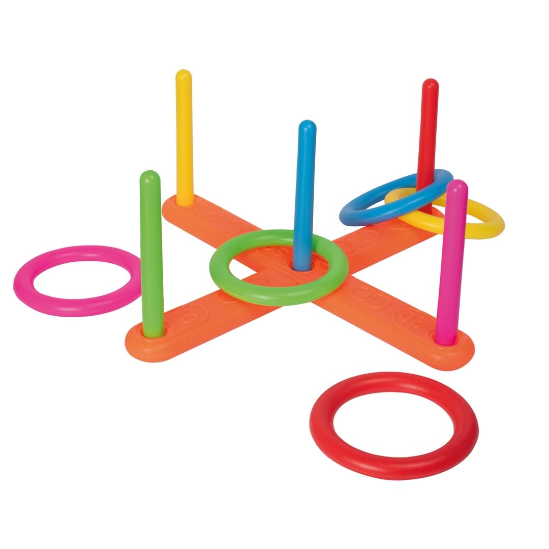 P'TIT CLOWN - 24538 - Jeu de Lancer d’Anneaux Enfant - Jeu d’Extérieur d’Adresse et de Précision - 5 Anneaux, 5 Piquets, Support à Assembler - Plastique