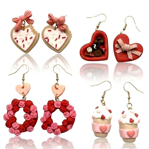 Cunno 4 Pairs Cute Love Earrings for Mother Day Women Polymer Clay Earrings Handmade Heart Jewelry Gifts for Mom Accessories(Valentine Day)