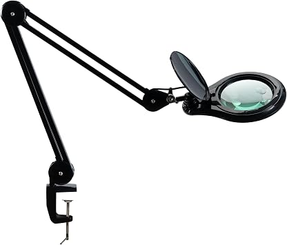 Bifocal LED Magnifying Lamp with Clamp, 14W 1200LM, Black | 5-inch bifocal glass lens with 60 SMD LEDs provides 2.25X & 6X magnification and 4 brightness levels