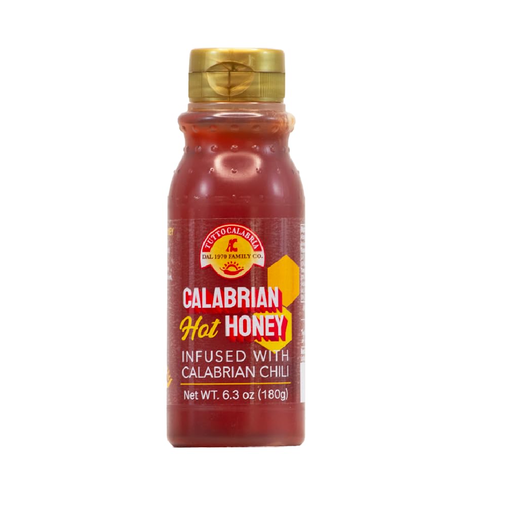 TUTTOCALABRIA Calabrian Hot Honey, Infused with Calabrian Chili Peppers, No Artificial Flavor or Color, Easy Pour Squeeze bottle, 6.3 oz (180g), Product of Italy