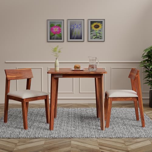 Image of DRIFTINGWOOD Liana 2-Seater Sheesham Wood Dining Table Set � in Natural Honey Finish with Table & 2 Cushioned Chairs � Ideal for Small Kitchens & Compact Living Spaces � Assembly Required (Beige)