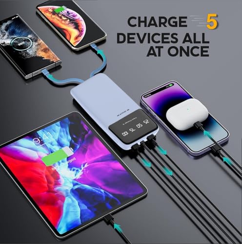 Image of 105P Powerbank 10000mAh Fast Charging | Built-in Lightening & Type C Cable for iPhone, Android, TWS etc Multi Device 22.5W Power Bank 5-in-1 Charger USB X 2, Type C X 2 & Lightening (Blue)