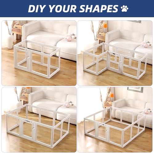Image of Clear Acrylic Dog Playpen Indoor, Puppy Cat Small Pet Play Pen, Pet Cat Playpen for Rabbits, Dog Fence Crate Kennel Whelping Cage (30 inch, White, 8 Panel)