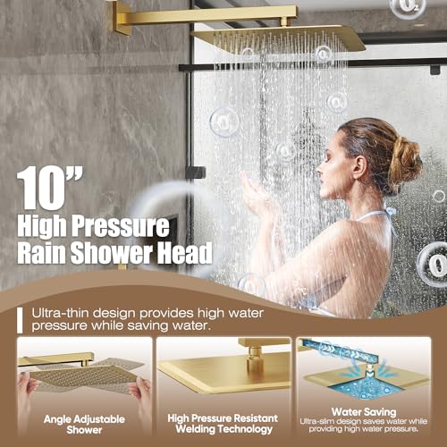 Image of Gabrylly Shower System, Gold Shower Faucet Set, High Pressure 10 Inch Rain Shower Head with Handheld Spray Combo, All Metal Shower Head Set with Shower Valve Kit, Brushed Gold