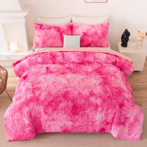 Image of Plush Shaggy Fluffy Comforter Set King Size Pink Rainbow Faux Fur Bedding Set for Girls Women 3 Pieces Tie Dye Soft Fuzzy Bed Set for Bedroom Decor(Pink White Ombre, King)