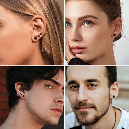 YADOCA 6 Pairs Black Stud Earrings for Men Women Hypoallergenic 316L Surgical Stainless Steel Round Dot CZ Ball Black Earrings Studs Set 3-12 MM4