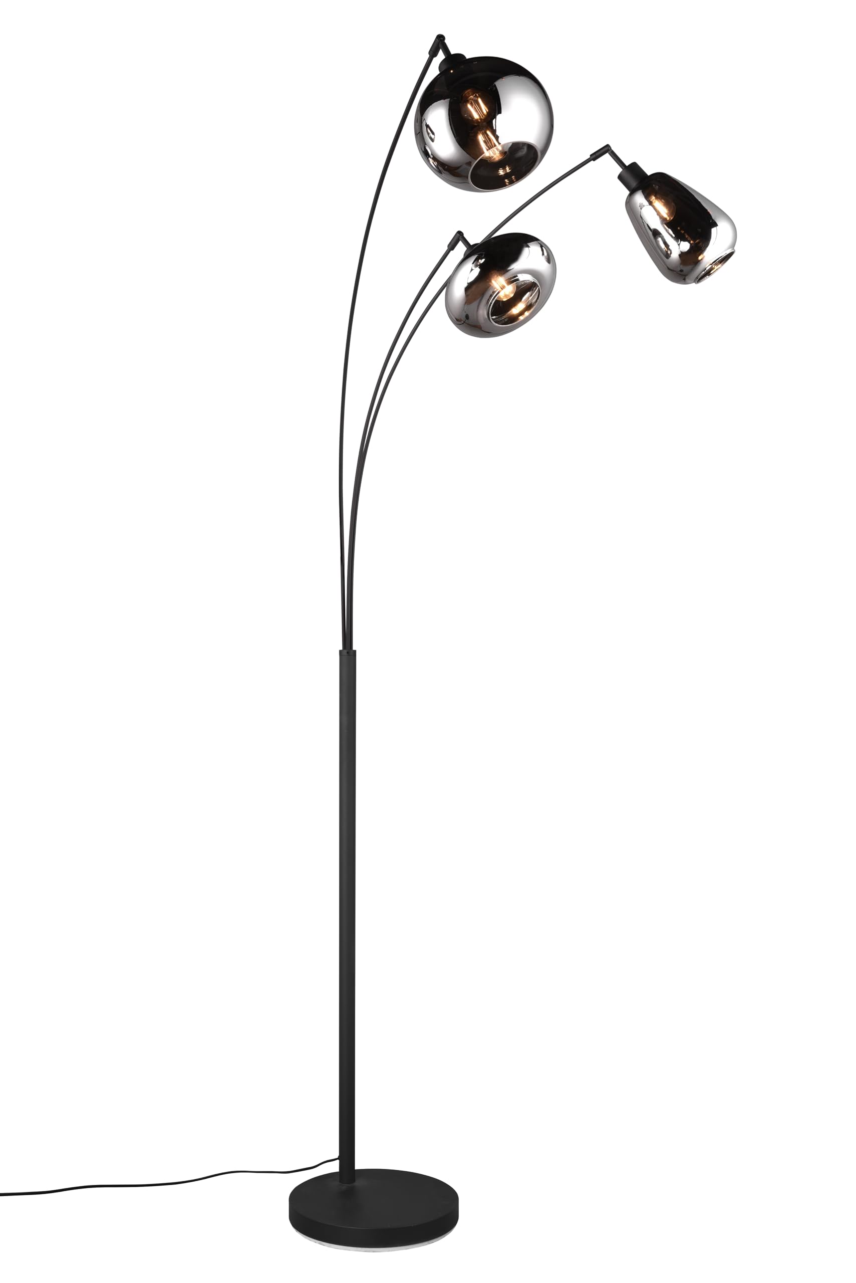 Ludmila Stehlampe, 3-flammige Stehleuchte für Wohnzimmer oder Schlafzimmer, Schirm aus Glas, Fußschalter, Höhe: 200 cm, Breite: 71 cm, Metall schwarz matt, exkl. 3 x E14, Max: 40W