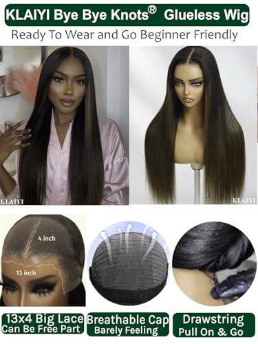 Image of KLAIYI Ombre Brown Yaki Straight Pre Everything Glueless Precut 13x4 Lace Front Wigs Human Hair Drawstring Pre Plucked Bleached Ready to Wear and Go Wig with Dark Roots Chestnut Balayage Brown 20Inch