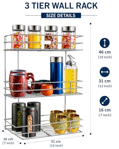 Image of 3 Layer Wall Mount Stainless Steel Multipurpose Storage Rack /Shelf,Kitchen Rack and Shelves for Storage - 3 Tier Rack for Kitchen and Bathroom,Utensil Storage for House