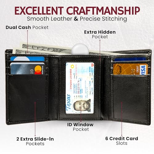 Image of BULL GUARD Genuine Nappa Leather Trifold Wallet For Men RFID And ID Window, Double Cash Compartment with Secret Pocket, Soft Premium Top Grain Leather Black, Stylish & Secure Everyday Carry, Gift Box