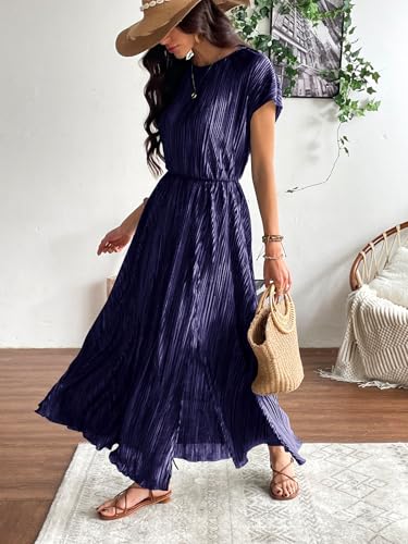 Image of CCTOO Womens Summer Maxi Dresses: Casual Short Sleeve Crewneck Slit Sundress Ruffle Pleated Long Flowy Party Cocktail Dress