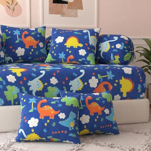 Image of Filymore Dinasour 8 Pieces Diwan Set for Kids and Living Room Made with Pure Microfiber Package Contains One Single Bedsheet, 5 Cushions Covers and 2 Bolster Covers (Colour -Blue)