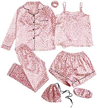 SheIn Women's 7pcs Pajama Set Cami Pjs with Shirt and Eye Mask Pink Leopard Medium