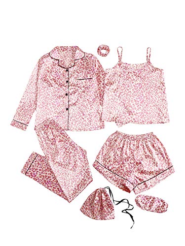 Shein Women's 7Pcs Pajama Set Cami Pjs With Shirt And Eye Mask Pink Leopard Medium #TOP4