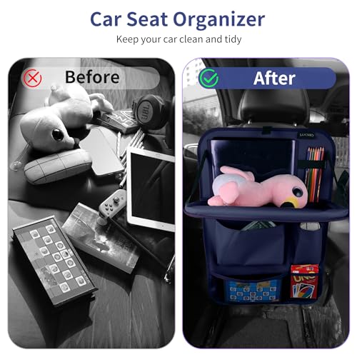 Image of LUCMO Car Backseat Organizer with Foldable Tablet Holder, Dark Blue | 2 Pcs,6 Storage Pockets,Foldable Food Tray,Protectors Kick Mats,Travel Accessories,Seat Cover,Road Trip Essentials