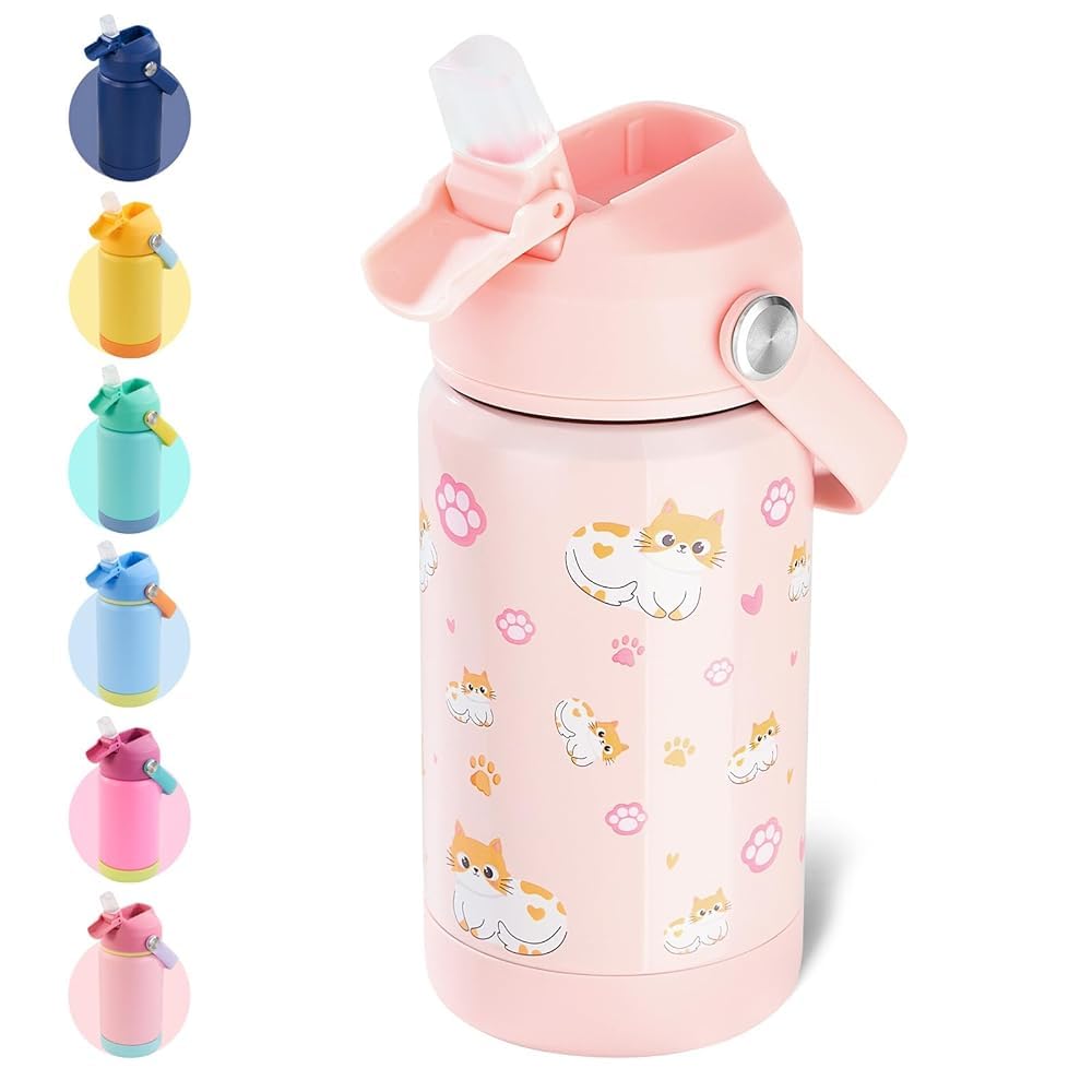 Fijinhom Kids Water Bottle, 360ml/12oz, Stainless Steel Insulated Water Bottle with Straw, Vacuum Leakproof, Kids Water Bottles for School Boys Girls, Keep Drinks Hot Cold,BPA Free,Kitty โ image 1
