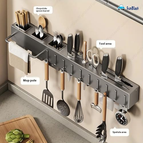 Image of FunBlast Wall Mounted Shelf for Kitchen Utensils Rack with Towel Hanger, Spatula Ladle Hanging Hooks, Cutlery Holder, Floating Shelf for Kitchen Utensils - 60 x 7 x 6 cm