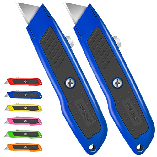 Image of DIYSELF 2 Pack Box Cutter, Heavy Duty Utility Knife for Construction, Carpet, Cardboard, Retractable Aluminum Box Knife, Razor Blade Opener (Blue)
