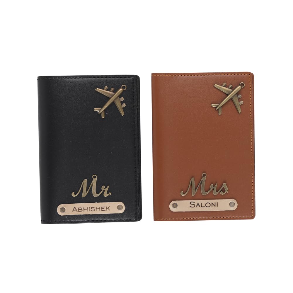 Unisex-Adult Personalised Name, Charm & Color Leather Passport Cover Gift Set/Wallet For Couple - 2 Pcs | Wedding Anniversary Marriage Gifts For Couple Friend Husband Wife, Assorted
