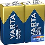 VARTA Longlife Power 9V Block 6LR61 Alkaline E-Block Battery (2-pack) - Made in Germany - ideal for fire alarms, smoke detectors, tuners