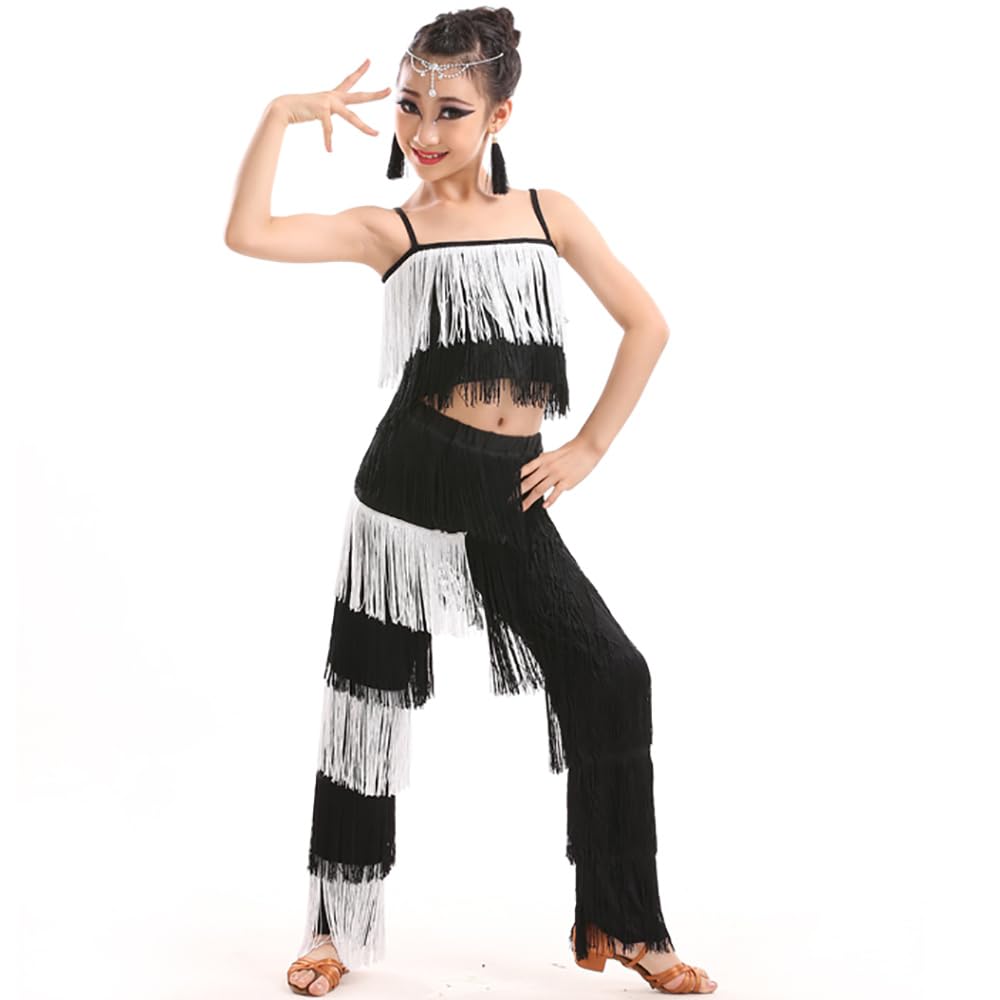 2 Piece Latin Dance Outfits For Girls,Camisole Tassels Fringe,Ballroom Dance Costume Set,Tango Salsa Practice Pants,Latin Salsa Ballroom Costumes,Tassel Pants,Suit Practice Clothes