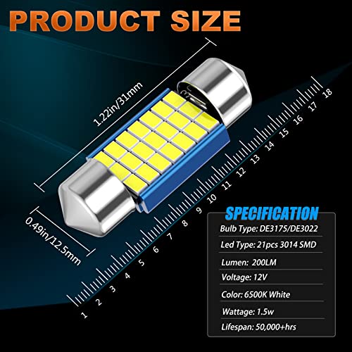 Xnourney 31mm DE3175 LED Festoon Bulbs, 3021 DE3022 DE3023 Bulbs White,12V 21SMD 3014 Chipsets for Car Interior Dome Map Trunk Light,1.22 inches 31mm, 4pcs
