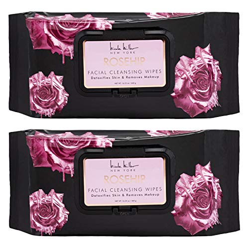 Nicole Miller 2 Pack (60 Count Each) Rosehip Facial Cleansing Wipes – Detoxifies Skin and Removes Makeup