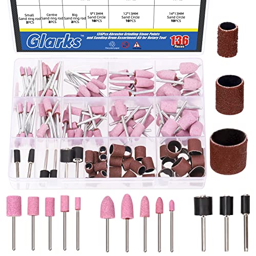Glarks 136Pcs Abrasive Stone Points and Sanding Drum Set, Grinding Stone Sanding Drill Bits and Drum Sander Sanding Sleeves with Drum Mandrels Assortment Kit for Rotary Tool