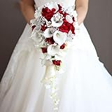 Generic Hochzeit Braut-Wasserfall-Hochzeits-Blumenstrauß-künstliche Rose Calla-Lilien-Blumen-Ehe-Versorgungs-Fälschung-Diamant-Perlen-luxuriöser Blumenstrauß (Color : A-red)