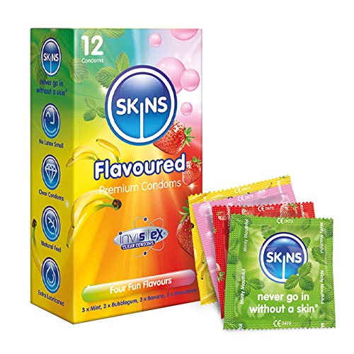 SKINS Boîte de 12 préservatifs - 3x Menthe, 3x Roses, 3x Bananes et 3x Fraises