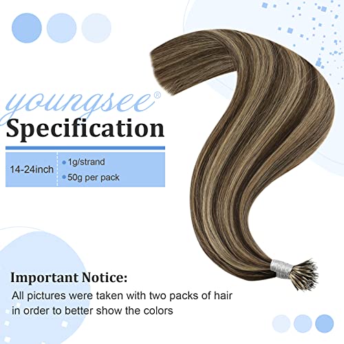 Image of YoungSee 20in Nano Bead Hair Extensions Dark Brown Highlight Caramel Blonde Nano Hair Extensions Brown Human Hair Nanolink Hair Extension Cold Fusion Nanoring Natural Hair 50 Strands 50g for Wedding