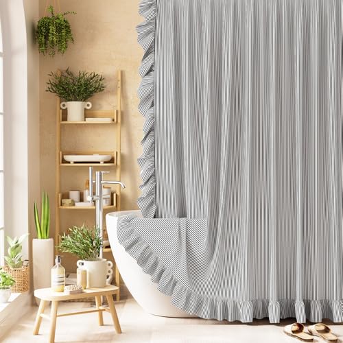 Bathway Ruffle Shower Curtain with Three-Side Ruffle Black White Striped Farmhouse Boho Curtains Soft Flowy Layered Fabric Elegant Rustic Style Water Repellent 12 Metal Hooks 72 W x 72 L
