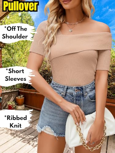 Women Asymmetrical One Off Shoulder Top, Short Sleeve Ribbed Knit Lightweight Sweater, Summer Going Out Trendy Outfit2