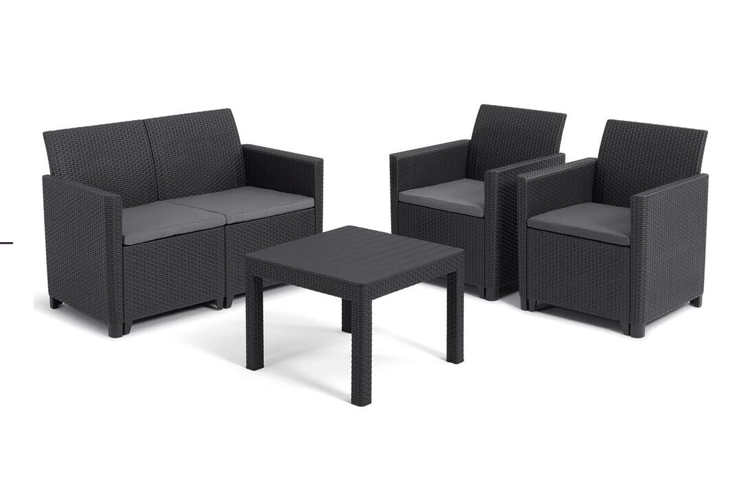 Keter Conjunto de Jardín Resina Alice 4 Plazas y Mesa Auxiliar | 119x59x59 cm, Color Negro, Cojines incluidos, Posibilidad de 2 configuraciones de Montaje
