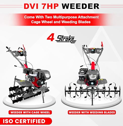 Image of DVI 7HP Weeder /Tiller /Cultivator with Light & 4 Stroke High Power Petrol Engine | for Working in Different Whether | Suitable for Farm & Agriculture Weeding (with CAGE Wheel Attachment)