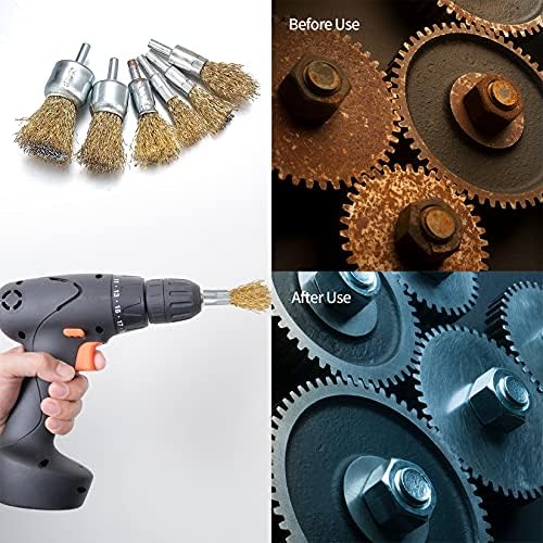9 Pcs Steel Wire Brushes Set, Brass Coated Wire Brushes Wheel, Wire Wheel Cup Brushes for Cleaning Rust, Drills, Paint Removal, Deburring, Polishing