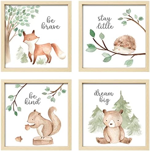 ArtbyHannah 4 Pack Framed Funny Woodland Baby Nursery Wall Art Decor with 10x10 Frames and Cute Safari Animals Prints for Kids Playroom Decoration, Light-Wood