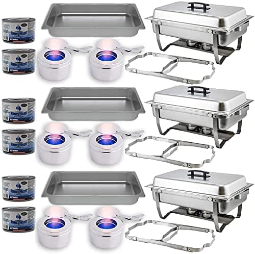 Chafing Dish Buffet Set w/Fuel (8 qt) — Folding Frame + Water Pan + Food Pan + 6 Fuel Holders + 6 Fuel Cans – 3 Full Warmer Kit, Stainless Steel Construction