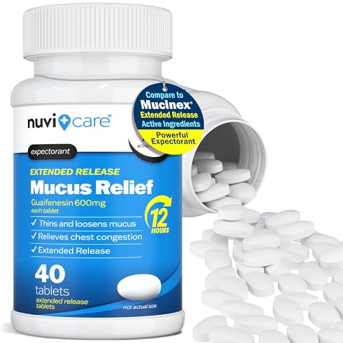 NUVICARE Expectorant Mucus Relief 600 mg 12 Hour Extended Release Guaifenesin 600 mg Tablets Clear Throat Phlegm and Chest Congestion Relief for Adults Compare to MucusTablets (40 Count)