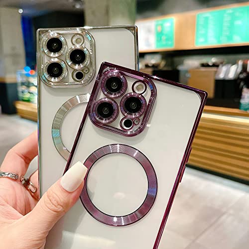 Image of aowner Magnetic Case for iPhone 14 Pro Max Square Case [Compatible with MagSafe] Crystal Clear,Fullbody Protection Non-Yellowing Slim Fit Shockproof for Women Girls Protective Phone Cover, Deep Purple