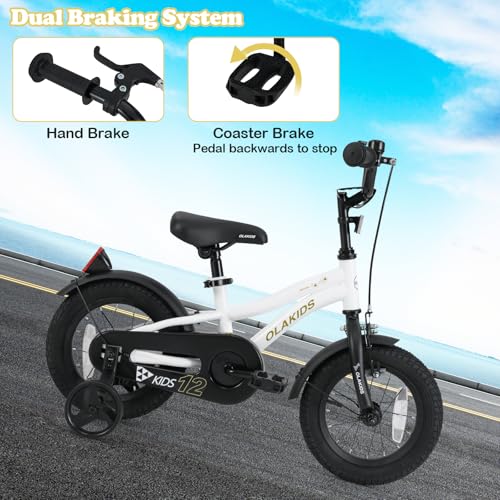 Image of Olakids Kids Bike, 12 14 16 18 Inch Toddlers Bike with Training Wheels Safety Bell Adjustable Seat and Handlebar, Handbrake and Coaster Brake, Children's Bicycle for Boys Girls