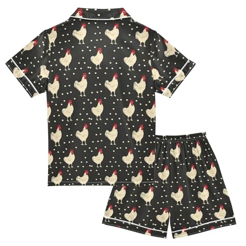 Retro Simple Chicken Summer Satin Pajama Set, Cute Button-Down Sleepwear Pj Set for Sleep Wears2