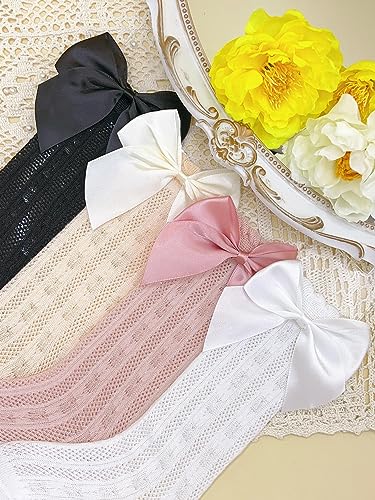 OYOANGLE Girl's 4 Pairs Cute Ruffle Knee High Socks Bow Front Over the Calf Socks Black Beige 2Y3