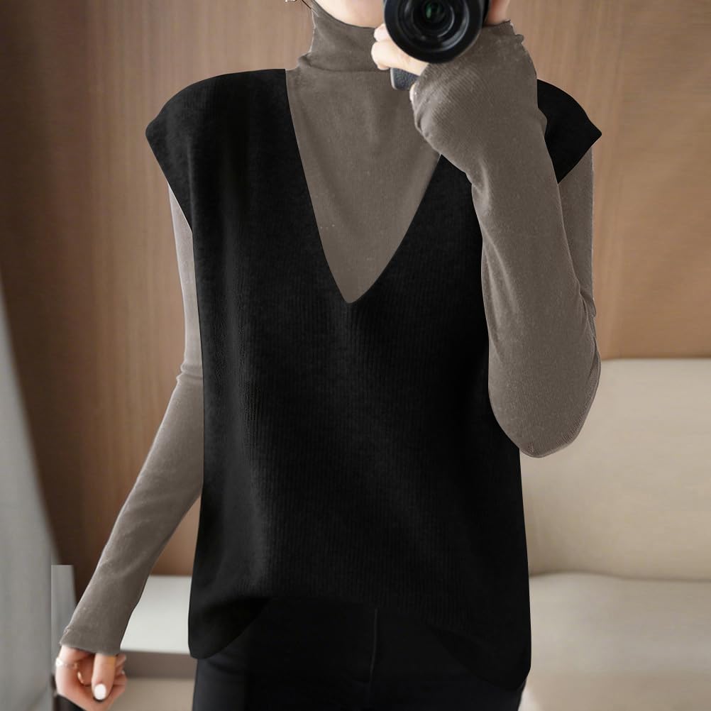 shownicer Pull sans Manches Femme Chic Et Elegant Col en V Gilet en Tricot Décontracté Couleur Unie Débardeur