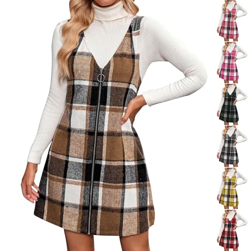 Strickkleid Damen Kariert Kurz Pullunderkleid Hosenträger A Linie Reißverschluss Winterkleid Elegant V Ausschnitt Overallkleid Ärmellos Kariertes...