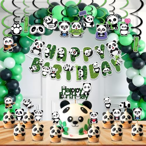 Image of Festiko Panda Theme Birthday Decoration Supplies Combo for Kids - 61 Pcs Cute Panda Party Decor Set with Banner, Swirl Hangings, Cake & Cupcake Toppers, Balloons for Home Birthday Celebration