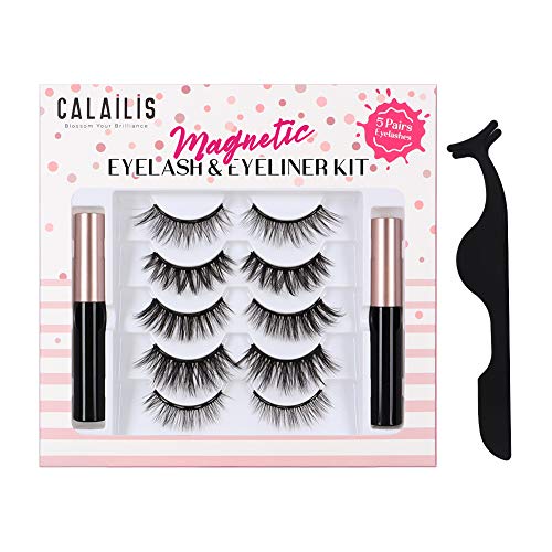 CALAILIS Magnetic Eyeliner and Eyelashes Kit, for Magnetic Lashes Set, Waterproof Liquid Eye Liner, 3D Faux Mink Eye Lashes False Eyelashes Reusable Lashes, Free Applicator?Mix Style 5 pairs CY05
