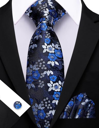 Image of Barry.Wang Flower Ties for Men Silk Woven Floral Tie Sets Necktie Handkerchief Cufflinks Wedding Party